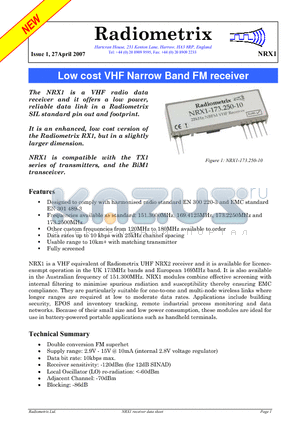 NRX1-169.4125-10 datasheet - Low cost VHF Narrow Band FM receiver