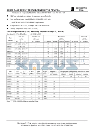 NS-002 datasheet - 10/100 BASE PULSE TRANSFORMER FOR PCMCIA