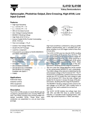 IL410-X007 datasheet - Optocoupler, Phototriac Output, Zero Crossing, High dV/dt, Low Input Current