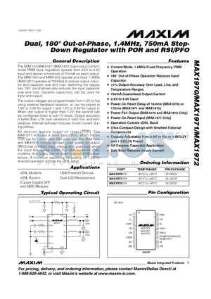 MAX1970 datasheet - Dual, 180` Out-of-Phase, 1.4MHz, 750mA Step- Down Regulator with POR and RSI/PFO