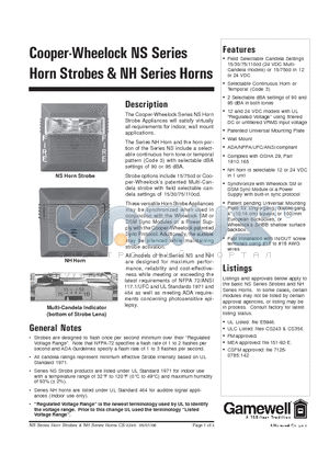 NS-24MCW datasheet - Cooper-Wheelock NS Series Horn Strobes & NH Series Horns