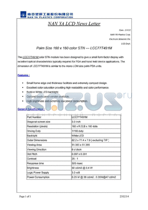 NS-M491 datasheet - PALM SIZE 160 X 160 COLOR STN - LCC77T491M