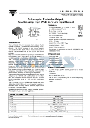 IL4116-X006 datasheet - Optocoupler, Phototriac Output, Zero Crossing, High dV/dt, Very Low Input Current