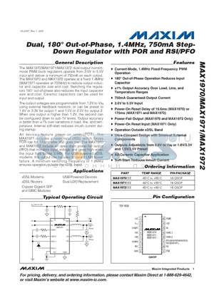 MAX1972 datasheet - Dual, 180` Out-of-Phase, 1.4MHz, 750mA Step- Down Regulator with POR and RSI/PFO