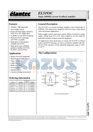 EL5193CS-T13 datasheet - Single 300MHz Current Feedback Amplifier