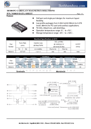 NS0019 datasheet - 10/100 PC CARD LAN MAGNETICS SOLUTIONS