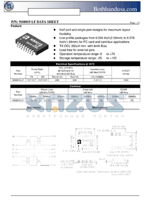 NS0019LF datasheet - 10/100 PC CARD LAN MAGNETICS