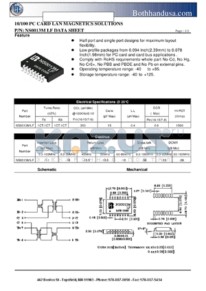 NS0013MLF datasheet - 10/100 PC CARD LAN MAGNETICS SOLUTIONS