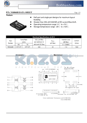 NS0068B datasheet - 10/100 BASE-T PC CARD LAN MAGNETICS