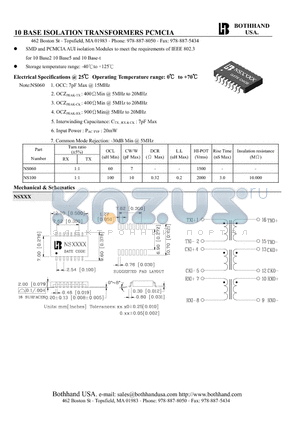 NS060 datasheet - 10 BASE ISOLATION TRANSFORMERS PCMCIA