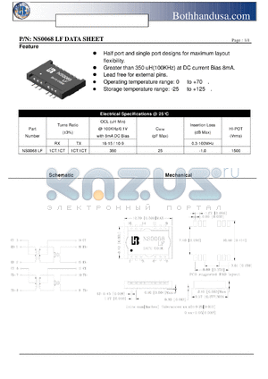 NS0068LF datasheet - 10/100/1000 BASE-T LAN MAGNETICS