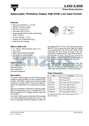 IL420 datasheet - Optocoupler, Phototriac Output, High dV/dt, Low Input Current