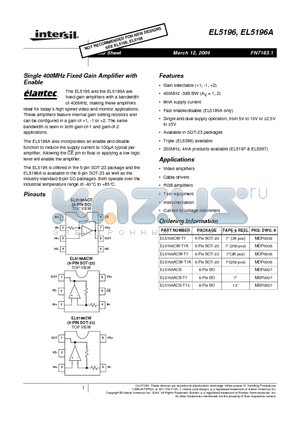 EL5196ACS-T7 datasheet - Single 400MHz Fixed Gain Amplifier with Enable