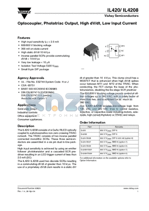 IL420-X006 datasheet - Optocoupler, Phototriac Output, High dV/dt, Low Input Current