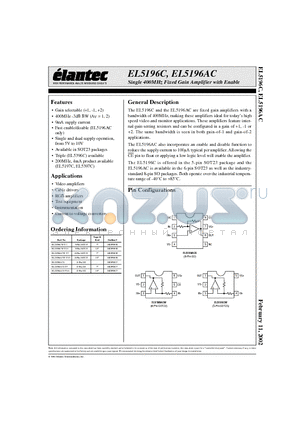 EL5196AC datasheet - Single 400MHz Fixed Gain Amplifier with Enable