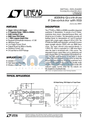 LT5502 datasheet - 400MHz Quadrature IF Demodulator with RSSI