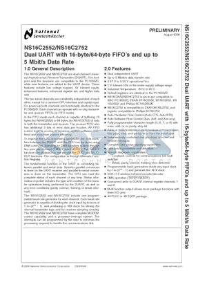 NS16C2552 datasheet - Dual UART with 16-byte/64-byte FIFOs and up to 5 Mbit/s Data Rate