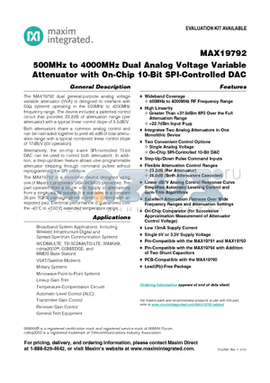 MAX19792 datasheet - 500MHz to 4000MHz Dual Analog Voltage Variable Attenuator with On-Chip 10-Bit SPI-Controlled DAC