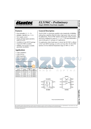 EL5196CS-T13 datasheet - Single 400MHz Fixed Gain Amplifier