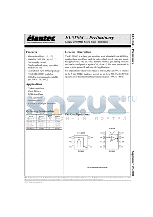 EL5196CS-T7 datasheet - Single 400MHz Fixed Gain Amplifier