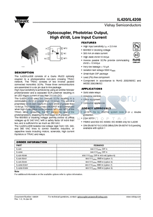 IL4208 datasheet - Optocoupler, Phototriac Output, High dV/dt, Low Input Current