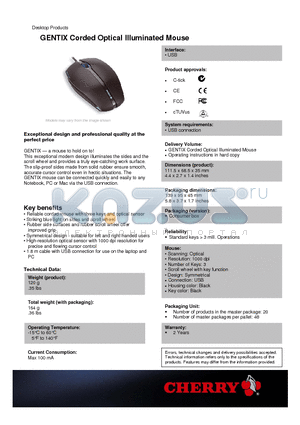 JM-0300 datasheet - GENTIX Corded Optical Illuminated Mouse