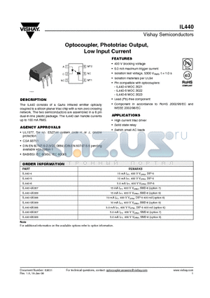 IL440-4X009 datasheet - Optocoupler, Phototriac Output, Low Input Current