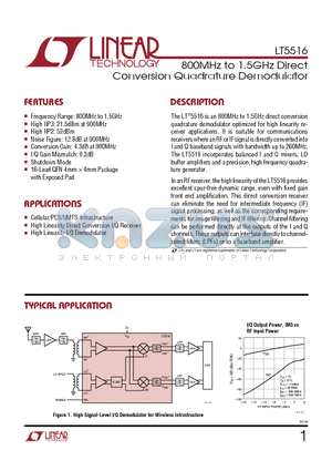 LT5516 datasheet - 800MHz to 1.5GHz Direct Conversion Quadrature Demodulator