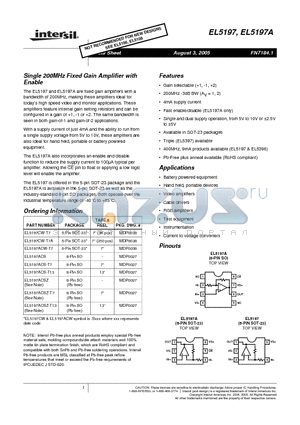 EL5197CW-T7 datasheet - Single 200MHz Fixed Gain Amplifier with Enable