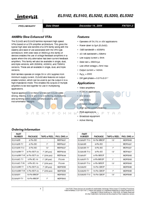 EL5202IY datasheet - 400MHz Slew Enhanced VFAs