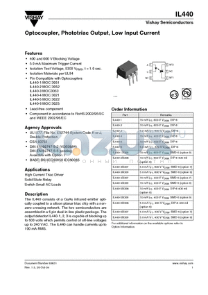 IL440-6X009 datasheet - Optocoupler, Pgototriac Output, Low Input Current