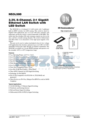 NS3L500 datasheet - 3.3V, 8-Channel, 2:1 Gigabit Ethernet LAN Switch with LED Switch