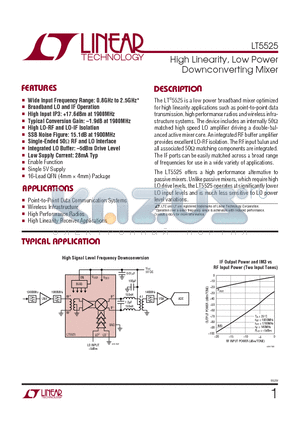 LT5525 datasheet - High Linearity, Low Power Downconverting Mixer