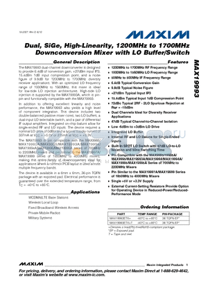 MAX19993 datasheet - Dual, SiGe, High-Linearity, 1200MHz to 1700MHz Downconversion Mixer with LO Buffer/Switch