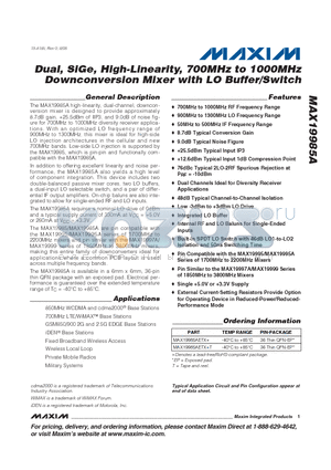 MAX19985A datasheet - Dual, SiGe, High-Linearity, 700MHz to 1000MHz Downconversion Mixer with LO Buffer/Switch
