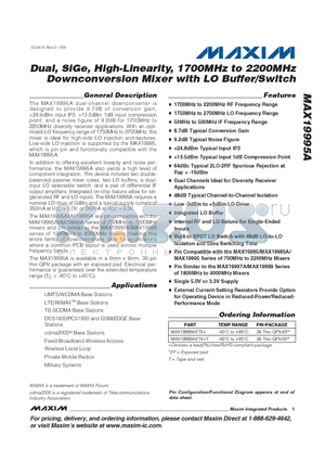 MAX19995AETX+ datasheet - Dual, SiGe, High-Linearity, 1700MHz to 2200MHz Downconversion Mixer with LO Buffer/Switch