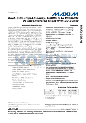 MAX19997A_11 datasheet - Dual, SiGe High-Linearity, 1800MHz to 2900MHz Downconversion Mixer with LO Buffer