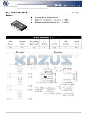 NS90 datasheet - 10/100 BASE PCMCIA TRANSFORMER
