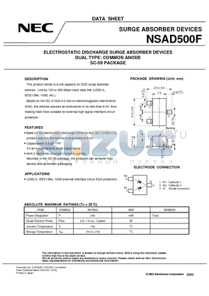 NSAD500F datasheet - ELECTROSTATIC DISCHARGE SURGE ABSORBER DEVICES DUAL TYPE: COMMON ANODE SC-59 PACKAGE