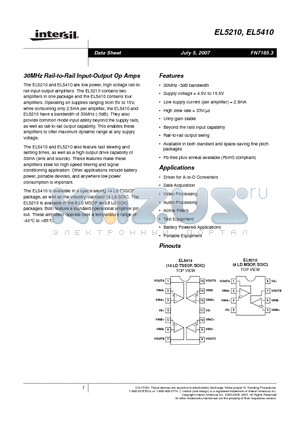 EL5210 datasheet - 30MHz Rail-to-Rail Input-Output Op Amps