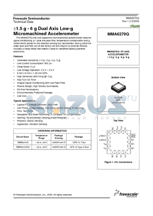 MMA6270Q datasheet - a1.5 g - 6 g Dual Axis Low-g Micromachined Accelerometer