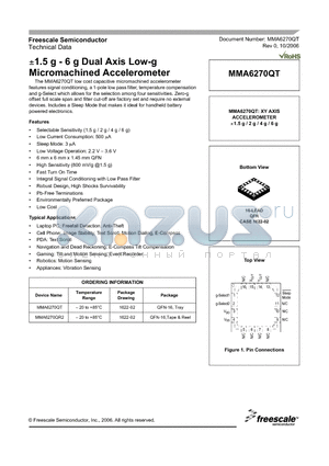 MMA6270QR2 datasheet - a1.5 g - 6 g Dual Axis Low-g  Micromachined Accelerometer