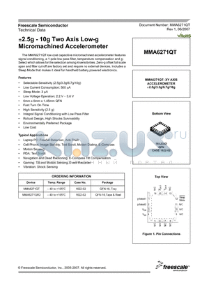 MMA6271QT datasheet - a2.5g - 10g Two Axis Low-g Micromachined Accelerometer