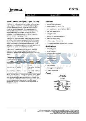 EL5211AIYEZ datasheet - 60MHz Rail-to-Rail Input-Output Op Amp