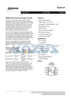 EL5211AIYEZ-T7 datasheet - 60MHz Rail-to-Rail Input-Output Op Amp