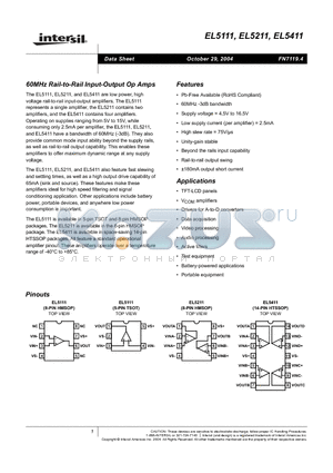 EL5211IY-T13 datasheet - 60MHz Rail-to-Rail Input-Output Op Amps