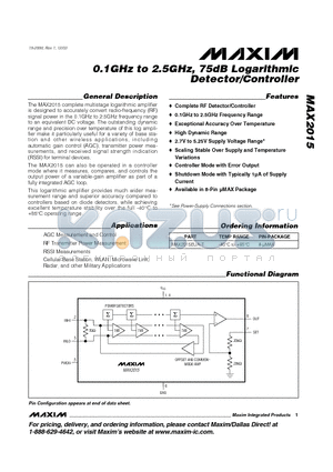 MAX2015 datasheet - 0.1GHz to 2.5GHz, 75dB Logarithmic Detector/Controller