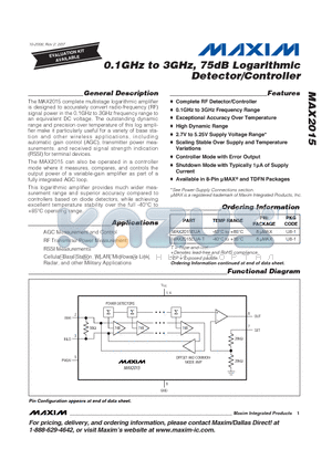 MAX2015EUA datasheet - 0.1GHz to 3GHz, 75dB Logarithmic Detector/Controller