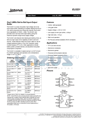 EL5221CWZ-T7A datasheet - Dual 12MHz Rail-to-Rail Input-Output Buffer