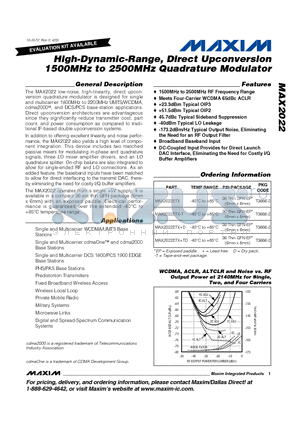 MAX2022 datasheet - High-Dynamic-Range, Direct Upconversion 1500MHz to 2500MHz Quadrature Modulator